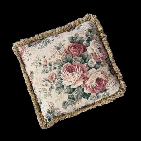 Other - Vintage Floral Rose Decorative Throw Pillow Cream Roses Fringe Cottage Granny